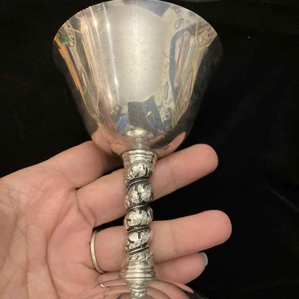 Set Of 2 VTG Silver Tone Twisted Stem Wine Goblets Valero Spain Polished Barware